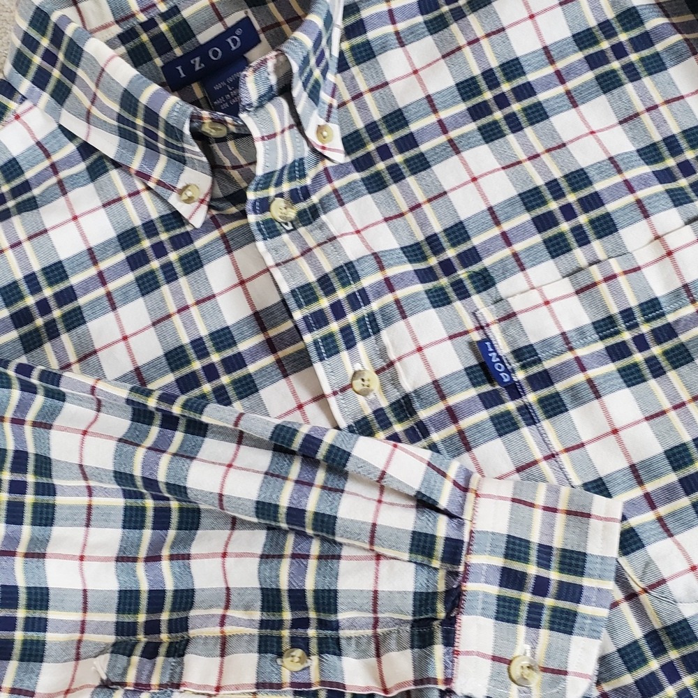 IZOD Men's Button Down Shirt Size L Large Tan Navy Green Plaid Long Sleeve